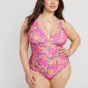 OLD NAVY Deep V Cross Back One Piece Swimsuit Peach Floral XXL